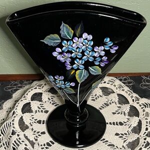 Vintage Fenton Black Amethyst Fan Vase – Hand Painted & Signed